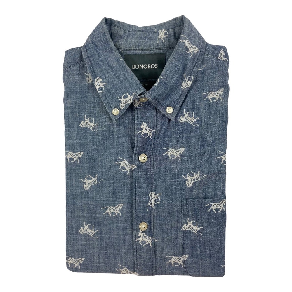 Bonobos Shirt Button Down Blue White Zebra Short Sleeve Casual Mens S Tall Slim